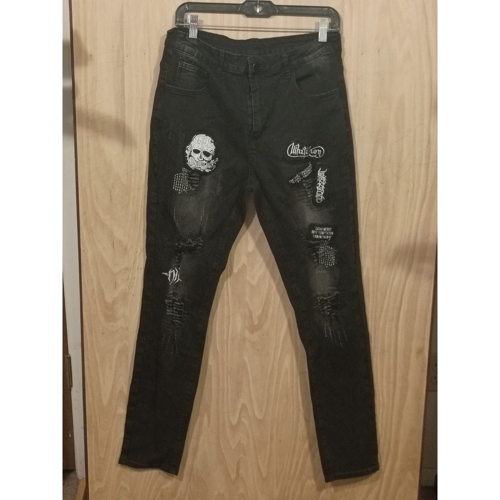 Mens Black Distressed Skull Patch Jeans Punk Gothic Streetwear Slim Fit Pants